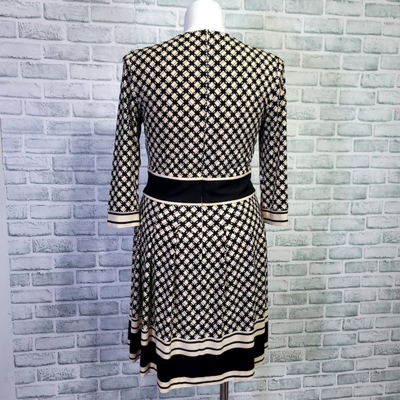 Eliza J Womens 12 Cream Black Geometric Pleated Skirt 3/4 Sleeve Fit Flare Dress - Picture 6 of 11